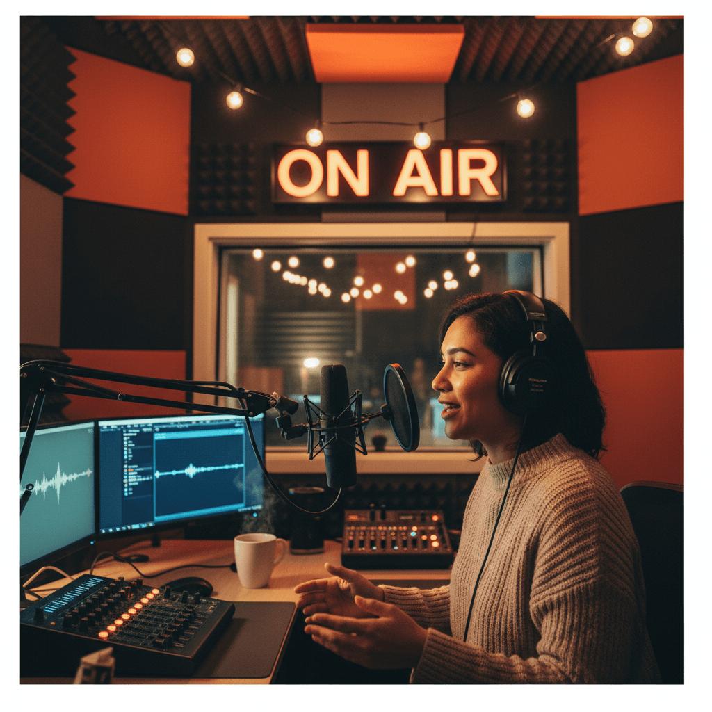 Podcast host speaking into a microphone in a studio
