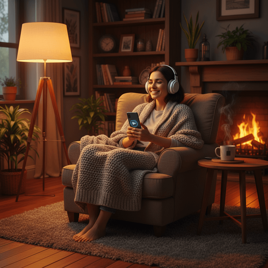 Listener enjoying a podcast with headphones