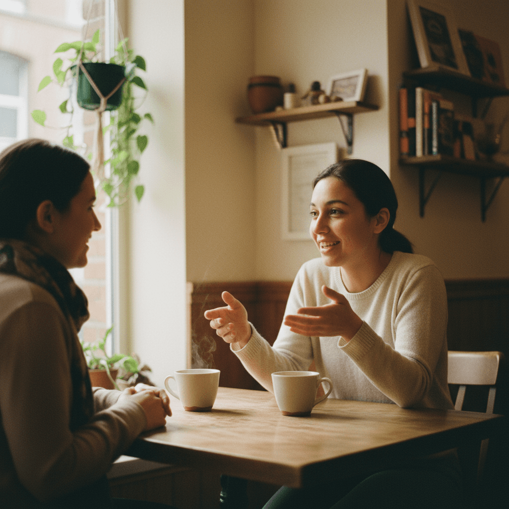 Two friends having a warm conversation inside