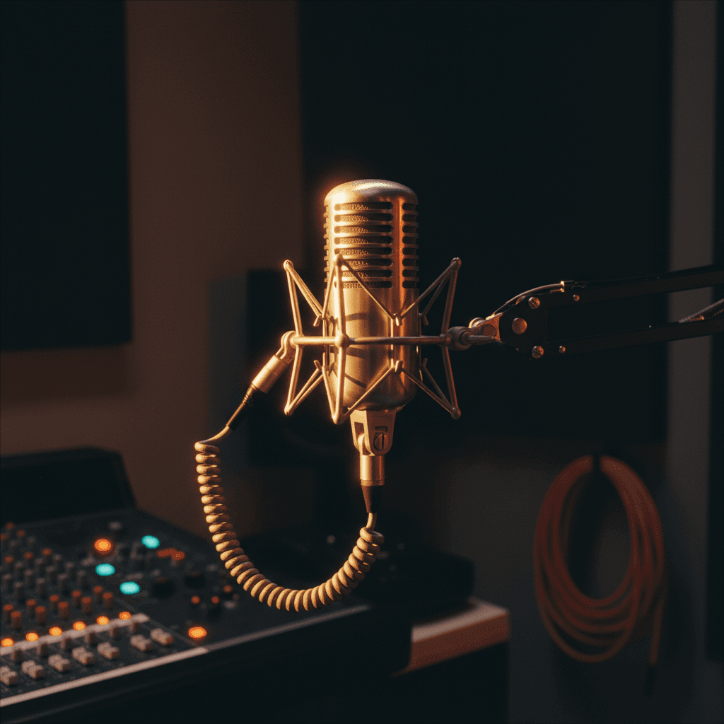 Podcast host speaking into microphone in a professional studio setting with warm lighting