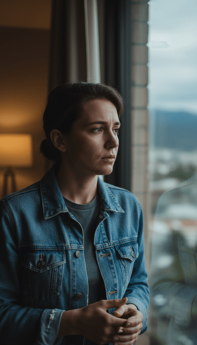 Person reflecting while looking out a window in soft morning light