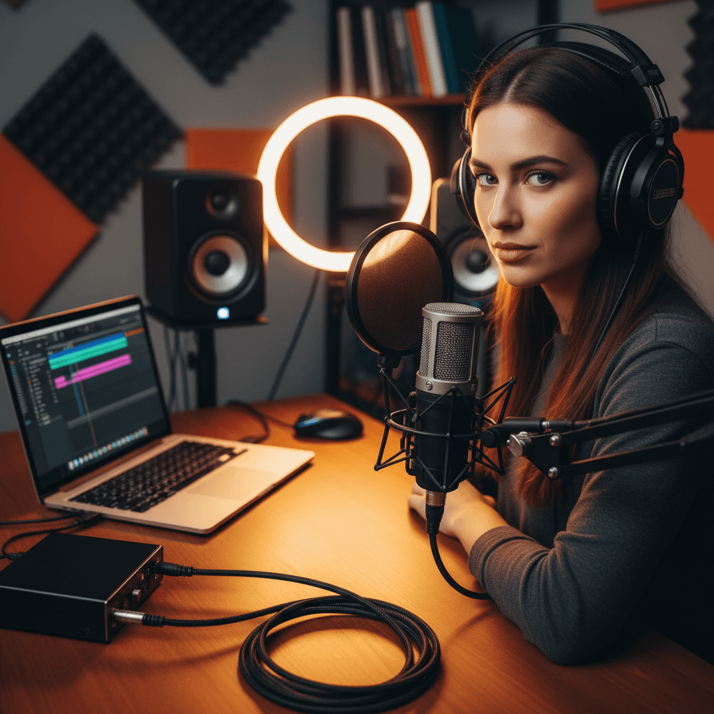Host speaking into a microphone in a warm recording setup